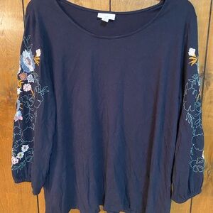 J. Jill Dark Blue Floral Embroidered Long Sleeve Top